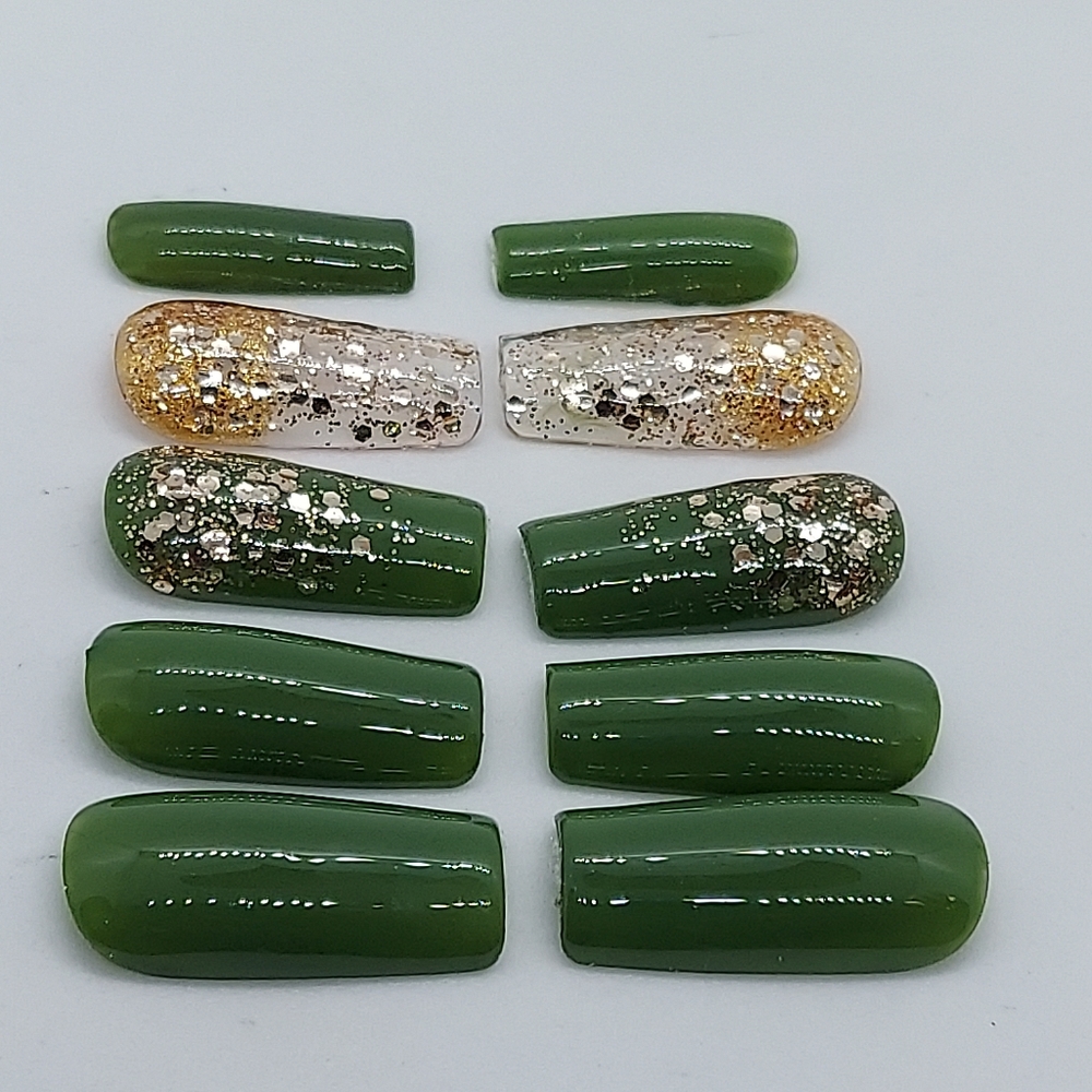Green and Gold Glitter Medium Length Press on Nails